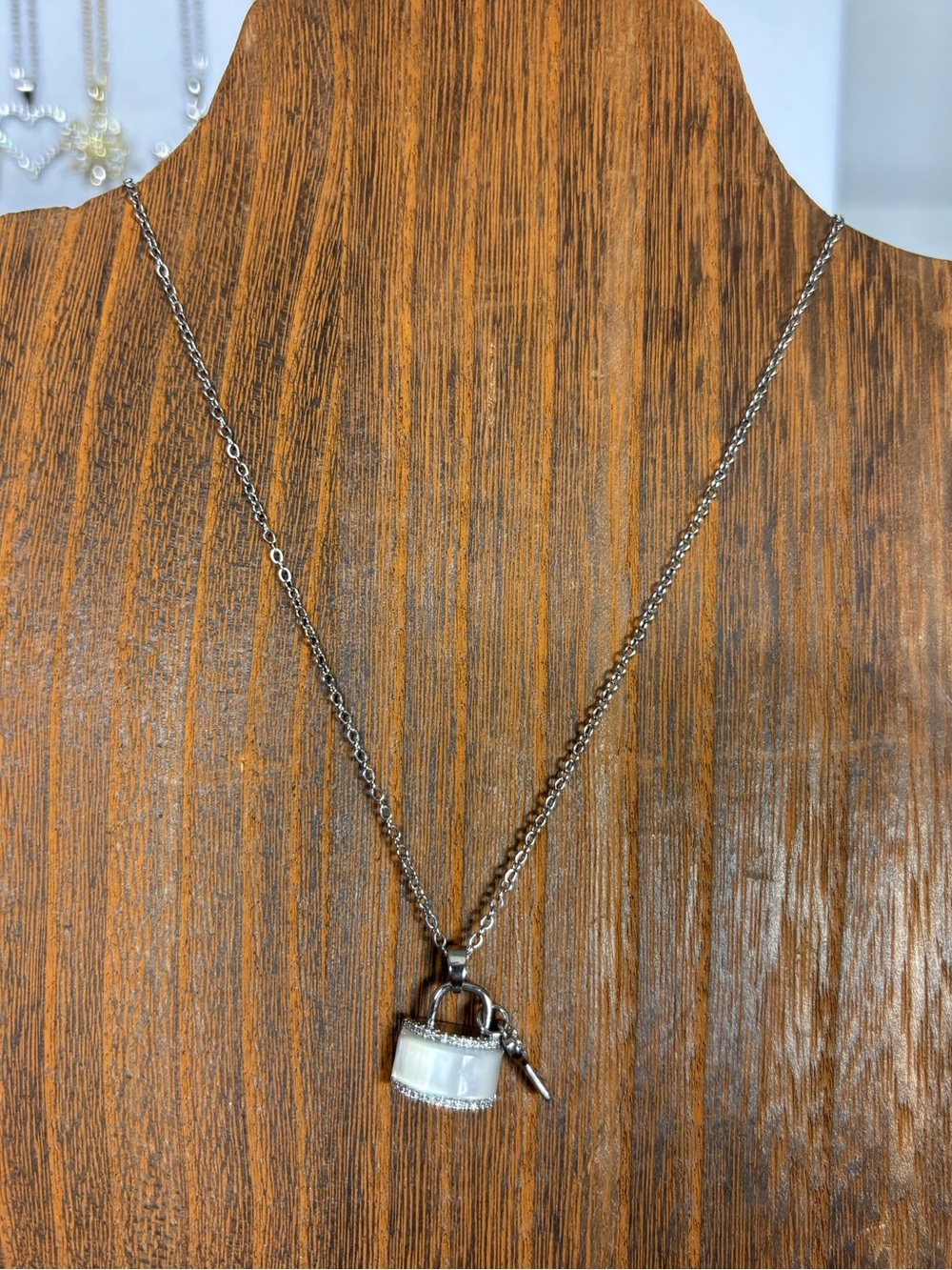 Silver Padlock Pendant Necklace with White Accent - Women Jewelry